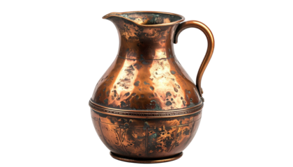 Tarnished copper pitcher with a handle and spout, set against a black background