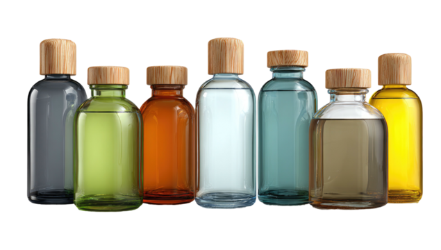Seven clear glass bottles of varied colored liquids, closed with wooden caps, sit in a row against a black backdrop