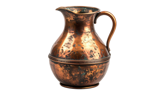 Tarnished copper pitcher with a handle and spout, set against a black background