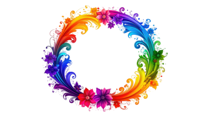 Colorful, decorative floral wreath with swirling rainbow-hued flourishes on a black background