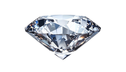 Sparkling, faceted diamond viewed in profile. The facets create bright highlights and complex internal reflections