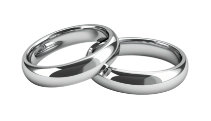 Two silver rings interlocked on a black background, showing a smooth, metallic shine on their curved surfaces