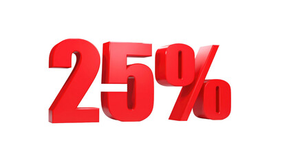 Red 3D "25%" with a black outline stands on a dark background, symbolizing a discount or percentage value