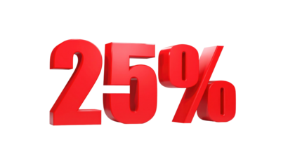 Red 3D "25%" with a black outline stands on a dark background, symbolizing a discount or percentage value