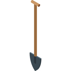 Isometric brown wooden handle shovel with dark grey metal spade on a transparent white background clean simple design object for digging and gardening.