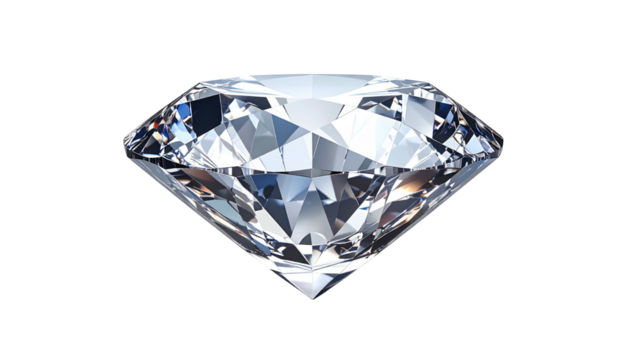 Sparkling, faceted diamond viewed in profile. The facets create bright highlights and complex internal reflections