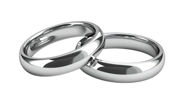 Two silver rings interlocked on a black background, showing a smooth, metallic shine on their curved surfaces