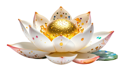 A white lotus flower with golden center and multicolored speckles, isolated on a black background
