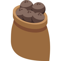 Isometric Brown Sacks Filled with Dark Brown Spheres Representing Coconuts or Game Assets on a Transparent Background