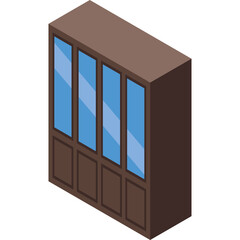 Isometric brown wooden cabinet with four glass doors on a transparent background