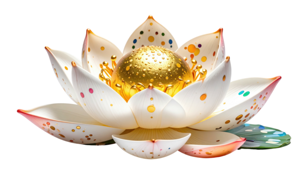 A white lotus flower with golden center and multicolored speckles, isolated on a black background