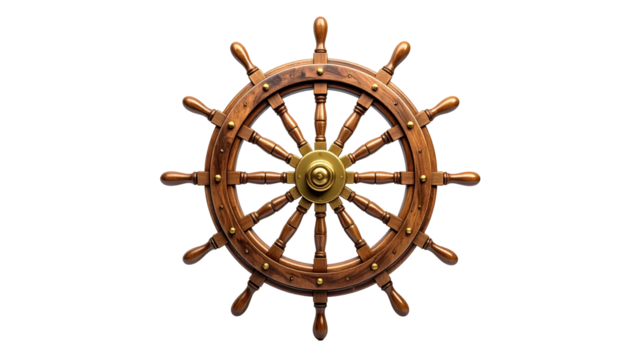 Wood and brass ship wheel with twelve spokes, centered against a plain black background, vintage, detailed