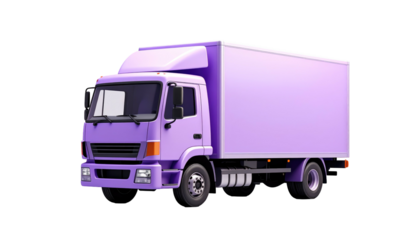 A lavender box truck, seen from a low angle, isolated on black. Cab and cargo area are pale purple hue