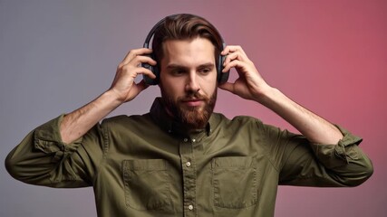 Focused bearded man enjoying his favorite playlist or podcast on wireless headphones in a modern studio setting