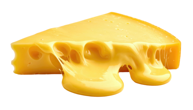 A wedge of swiss cheese melts, the viscous liquid cascading. The background is black, isolating the cheese