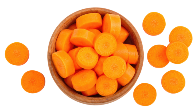 Carrot slices in a wooden bowl, overhead view, against a black background, showcasing orange vibrancy and simple food arrangement