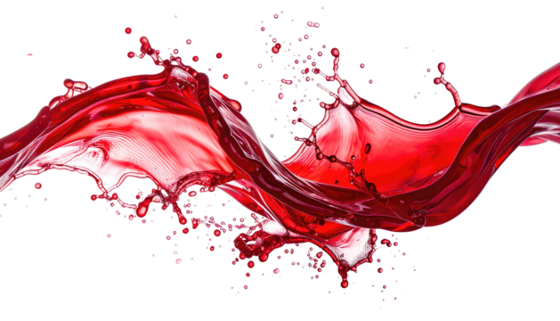 Vibrant crimson liquid splashes and swirls against a stark black backdrop, creating a dynamic, abstract wave - Powered by Adobe