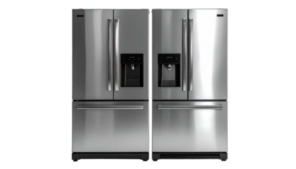 Two stainless steel four-door refrigerators with water/ice dispensers against a black background