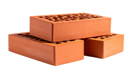 Stacked red bricks with patterned holes, isolated on black, displaying shadows and textures, building materials