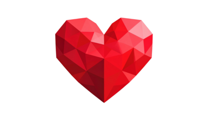 A geometrically shaped red heart, crafted with triangular facets, contrasts sharply against a plain black backdrop