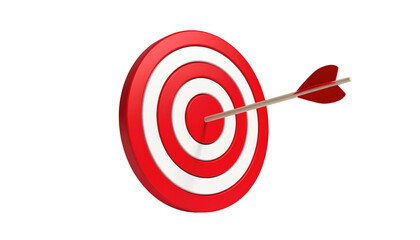 Red and white bullseye target with arrow piercing center on black background, conveying precision and focused success