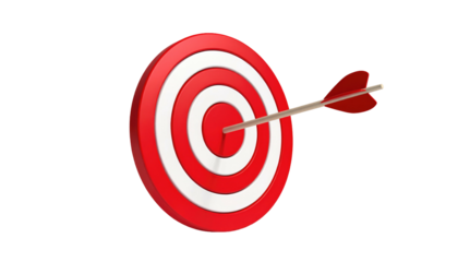 Red and white bullseye target with arrow piercing center on black background, conveying precision and focused success