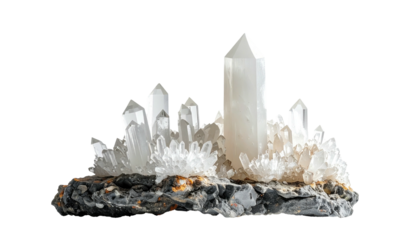 Cluster of clear quartz crystals on a dark, textured rock base against a black background
