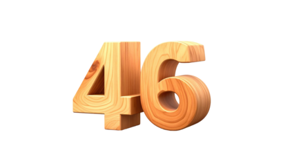 Wooden 3D rendering of the number 46 isolated on black, showcasing wood grain and realistic lighting