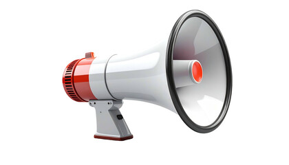 A 3D rendering of a red and white megaphone, isolated against a stark black backdrop, showcasing its form