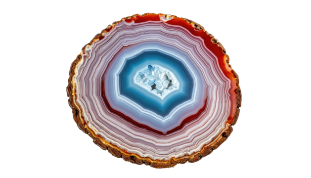 Agate slice revealing concentric bands of orange, white, blue, and crystal center against a black backdrop