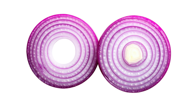 Two vibrant, sliced red onions with concentric rings, isolated on a dark background. Detailed texture visible