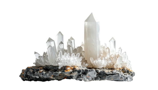 Cluster of clear quartz crystals on a dark, textured rock base against a black background