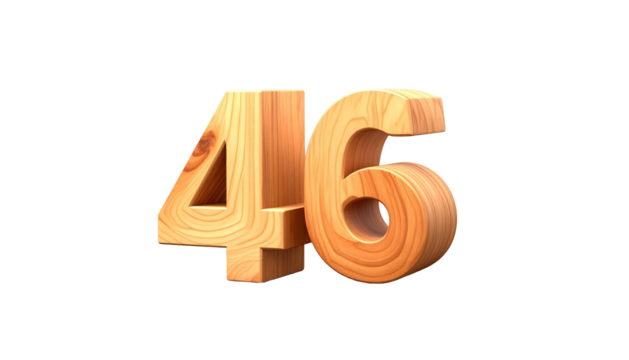Wooden 3D rendering of the number 46 isolated on black, showcasing wood grain and realistic lighting