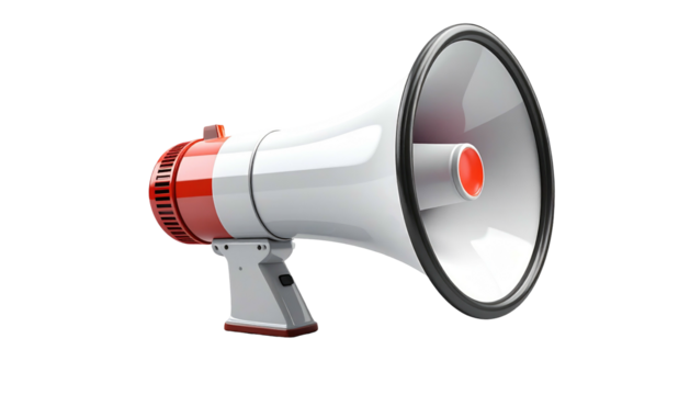 A 3D rendering of a red and white megaphone, isolated against a stark black backdrop, showcasing its form