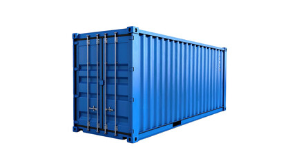 Azure shipping container shown at an angle, set against a stark black background, emphasizing lines and color