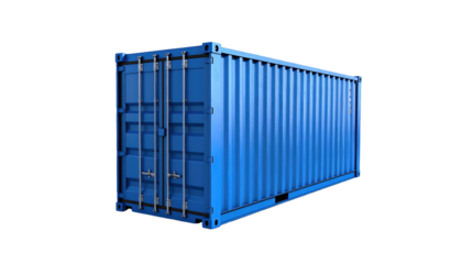 Azure shipping container shown at an angle, set against a stark black background, emphasizing lines and color