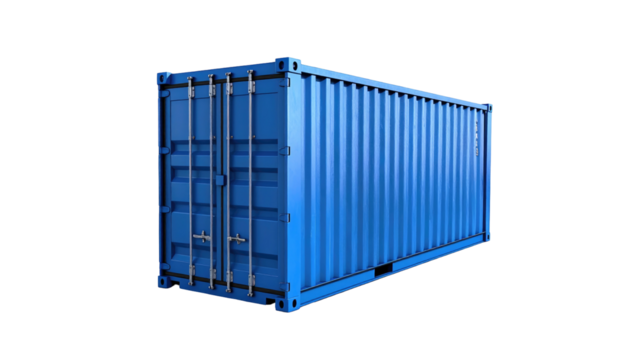 Azure shipping container shown at an angle, set against a stark black background, emphasizing lines and color