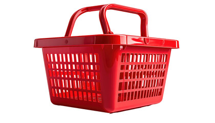 Fototapeta premium A vibrant, empty red plastic shopping basket with geometric lattice design against a stark black background