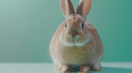 A fluffy brown rabbit sits calmly on a pastel green surface, showcasing its adorable features and curious expression
