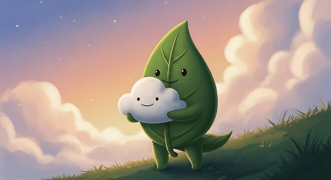 A whimsical cartoon leaf character tenderly embraces a small, smiling cloud against a soft, pastel sunset sky.