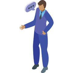 Isometric Businessman in Blue Suit and Vest Gesturing with Speech Bubble Icon Indicating Communication and Conversation in a Flat Design Style
