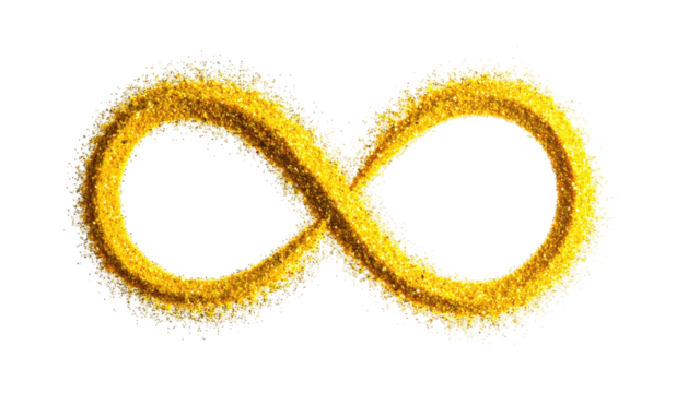 Infinity symbol formed from golden grains, highlighted against black. Creates sense of eternity and connection