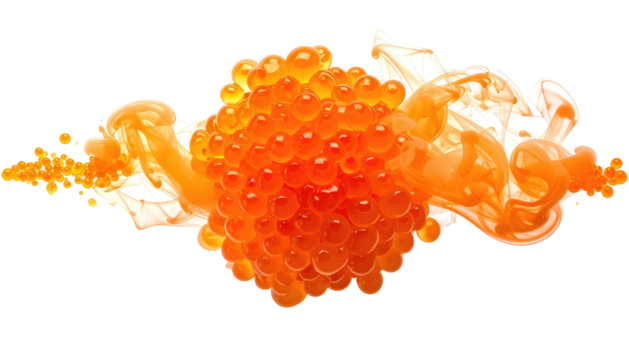 Pile of shiny, orange spheres surrounded by tendrils of translucent, swirling orange fluid on a black background