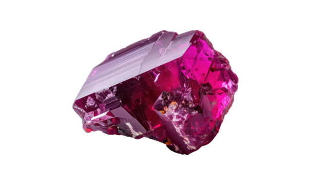 Magenta crystal formation with angular planes on a black backdrop, glowing with intense color