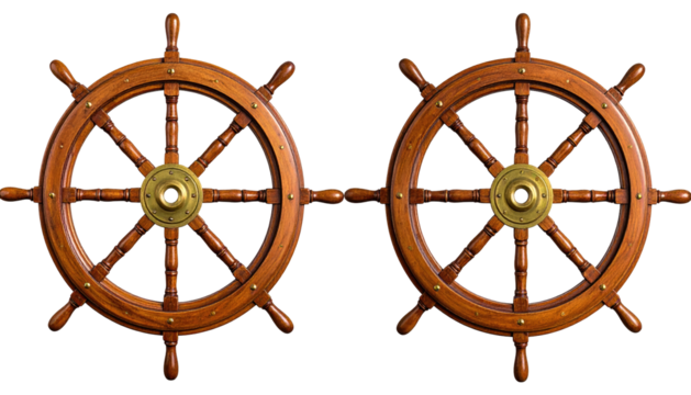 Two ornate wooden ship's wheels connected by a rod, each with a central brass hub, against a black background