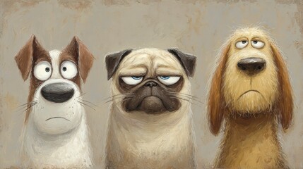 Three expressive cartoon dogs with distinctive features and funny moods create humorous and unique animal portraits