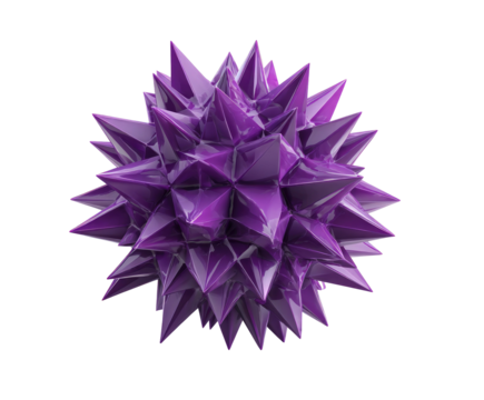 A faceted, spiky, amorphous form rendered in shades of purple with glossy highlights against a stark black background