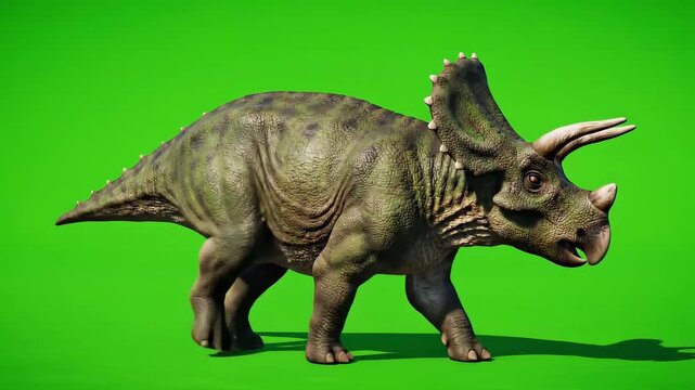 Animated baby triceratops dinosaurs walking on vibrant green background