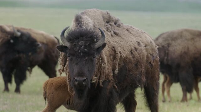 HD footage of a herd of American bison grazing peacefully in a wide open prairie on the Blackfeet Reservation, Montana
