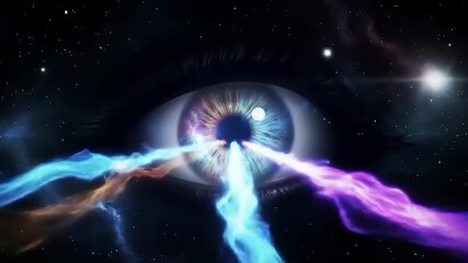 Surreal vision of a giant eye in the galaxy, with colorful light rays bursting from the pupil into the cosmic night - Powered by Adobe
